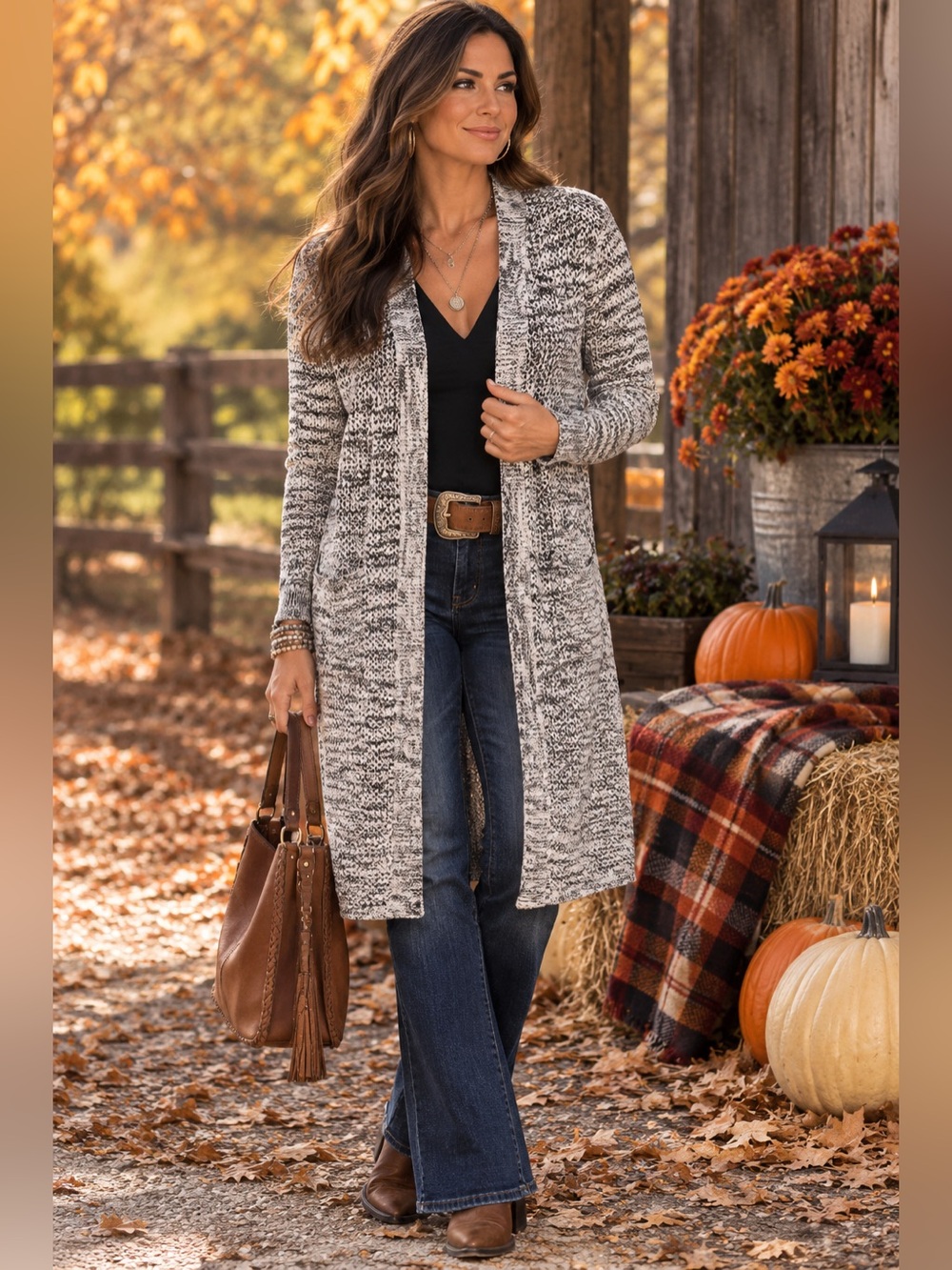 LAURA ASHLEY Black, White & Gray Open Front Long Cardigan Duster